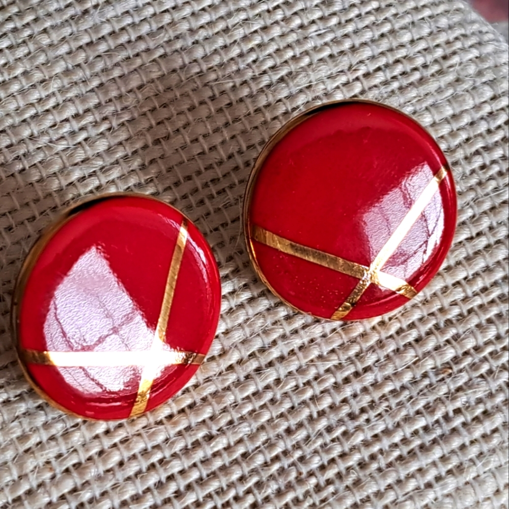 Vibrant Red Geometric Circle Ceramic Earrings Gol… - image 2